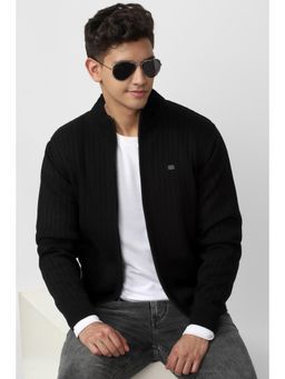 Peter England - Men Black Solid Stylized Neck Bomber Jacket