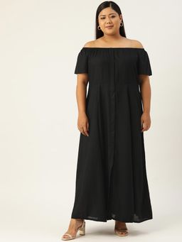 theRebelinme - Plus Size Womens Black Solid Color Off-shoulder Maxi Dress