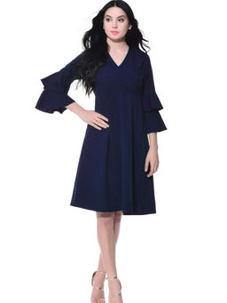 Uptownie - Womens Crepe Wrap Bell Sleeves Skater Dress Navy Blue