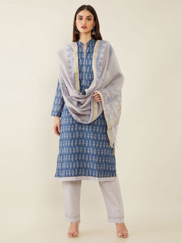 Soch - Blue Muslin Unstitched Dress Material - 3 Meter Kurta Fabric
