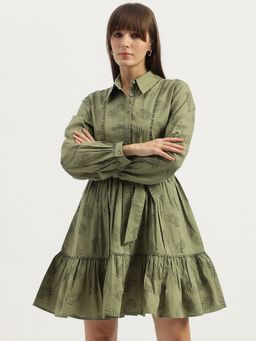 United Colors of Benetton - Olive Shirt Collar Leaf Printed Tiered Dress with Belt (Set of 2)
