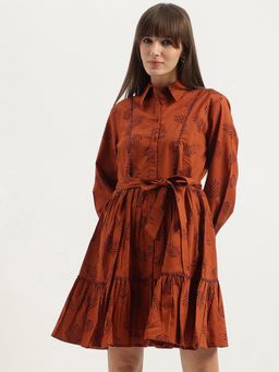 United Colors of Benetton - Brown Shirt Collar Leaf Printed Tiered Dress with Belt (Set of 2)