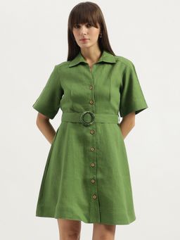 United Colors of Benetton - Green Shirt Collar Solid A-Line Dress with Belt (Set of 2)