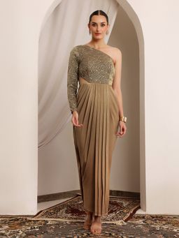 Miss Chase - Womens Dark Beige One Shoulder Velvet Maxi Dress