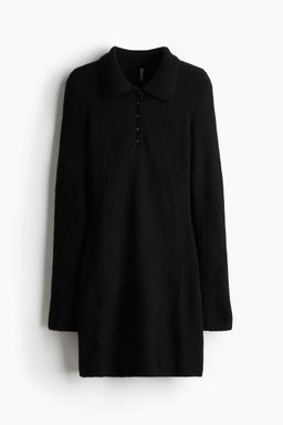 H&M - Women Black Fine-Knit Polo Dress