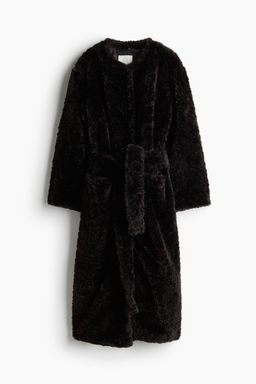 H&M - Women Brown Fluffy Tie-Belt Coat