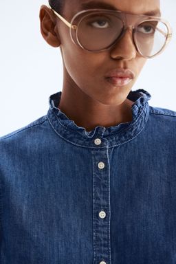 H&M - Women Blue Frill-Trimmed Denim Blouse