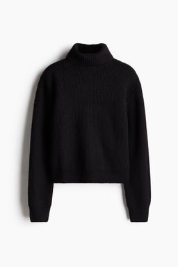 H&M - Women Black Rib-Knit Polo-Neck Jumper