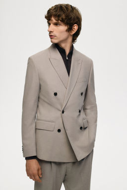 H&M - Men Beige Regular Fit Double-Breasted Jacket
