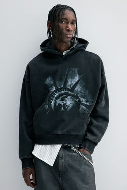 H&M - Men Black Oversized Fit Printed Hoodie