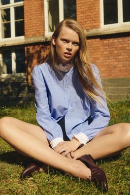 H&M - Women Blue Frilled-Collar Blouse