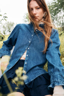H&M - Women Blue Frill-Trimmed Denim Blouse
