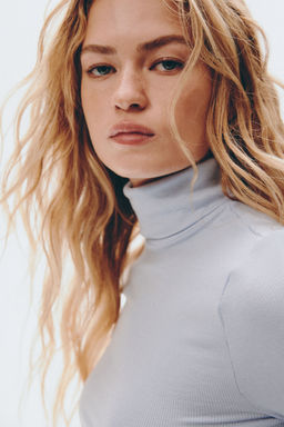 H&M - Women Blue Ribbed Polo-Neck Top