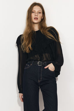 H&M - Women Black Frill-Trimmed Chiffon Blouse
