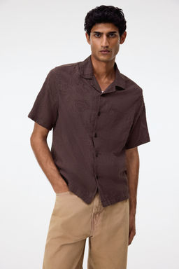H&M - Men Brown Regular Fit Jacquard-Weave Resort Shirt