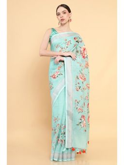 Soch - Women Blue Linen Printed Saree with Stitched Blouse