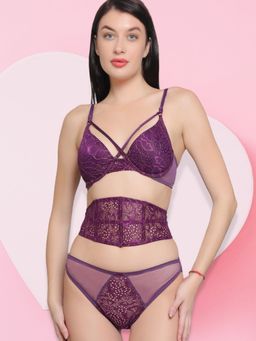 Curwish - Lacy Wonder Push-up Bra With Waspie Corset (Set of 3)