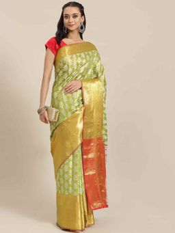 Silk Land - Brocade Heavy Silk Saree with Unsticthed Blouse Piece Green with Unstitched