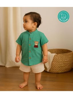 Kids of Greendeer - CHARCHIT Boys Green Embroidered Shirt with Shorts