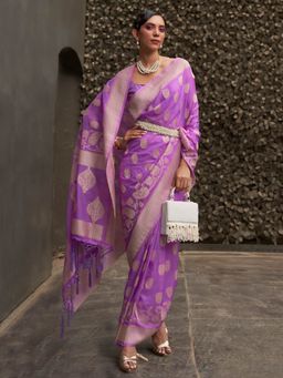 Akhilam - Womens Nylon Lavender Woven Design Designer Saree with Unstitched Blouse