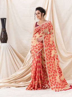 Angoshobha - Traditional Peach Puff Red Leaf Soft Dhakai Jamdani Saree with Unstitched Blouse