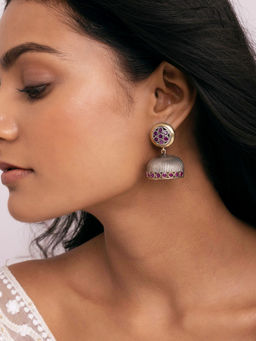 Indya - Earthen BY INDYA Dual Tone Pink Multi Stone Half Jhumka Earrings