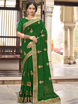 Odette - Green Vichitra Embroidered Saree with Unstitched Blouse