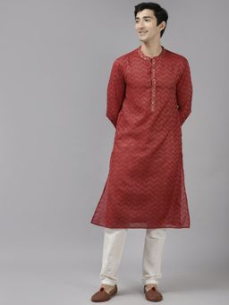 See Designs - Men Maroon & Beige Woven Design Thread Work Kurta with Pyjama (Set of 2)