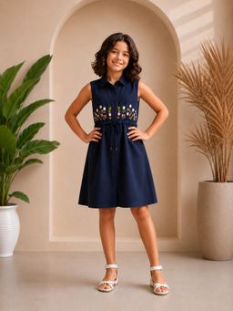 Misbis - Navy Blue Embroidered Stylish Shirt Dress