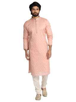 Manyavar - Mens Chanderi Silk Self Design Kurta Churidar (Set of 2)