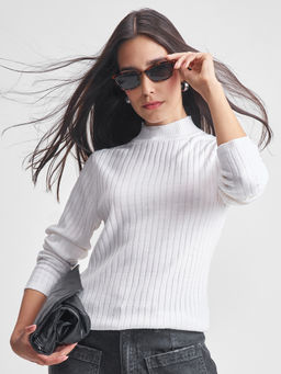 TOKYO TALKIES - Women White Knitted High Neck Sweater