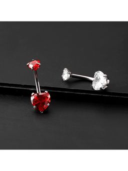 Yellow Chimes - 2 Pcs Silver-toned Heart Shaped Navel Piercing Crystal Belly Button Rings