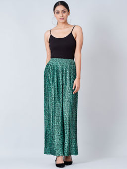 First Resort by Ramola Bachchan - Teal Animal Print Pleated Palazzo