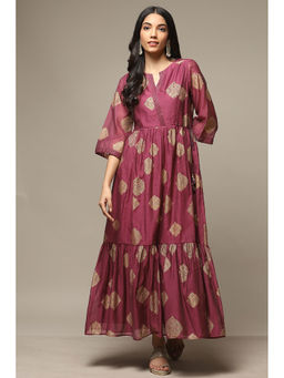 Biba - Womens Purple Printed Poly Chanderi Tired Dress