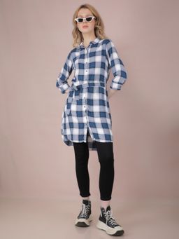 CRIMSOUNE CLUB - Women Navy Blue Checked Long Shirt with Fabric Belt