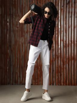 High Star - Women Regular Check Oversized Fit Cotton Collar Long Sleeve Shirts