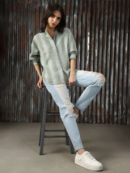 High Star - Women Regular Strip Oversized Fit Cotton Collar Long Sleeve Shirts