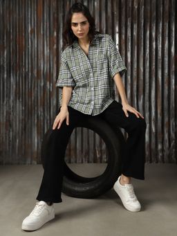 High Star - Women Regular Check Oversized Fit Cotton Collar Long Sleeve Shirts