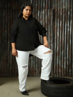 High Star - Women Plus Solid Oversized Fit Cotton Collar Long Sleeve Shirts