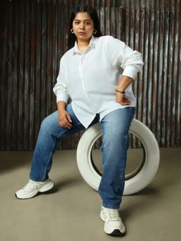 High Star - Women Plus Solid Oversized Fit Cotton Collar Long Sleeve Shirts