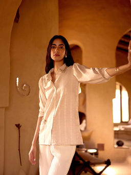 Basanti Kapde aur Koffee - Beige Striped Linen Blend Shirt