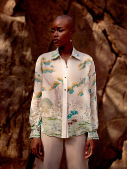 Basanti Kapde aur Koffee - Ivory Wild Silk Peacock Garden Shirt