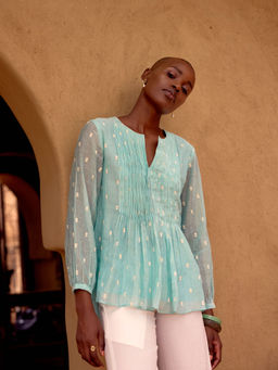 Basanti Kapde aur Koffee - Blue Firozi Embroidered Cotton Tunic