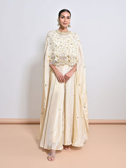KEITH GOMES - Ivory Embroidered Cape with Slip and Palazzo