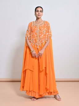 KEITH GOMES - Orange Embroidered Cape with Palazzo and Slip