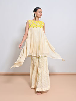 KEITH GOMES - Yellow Embroidered Peplum Top with Sharara