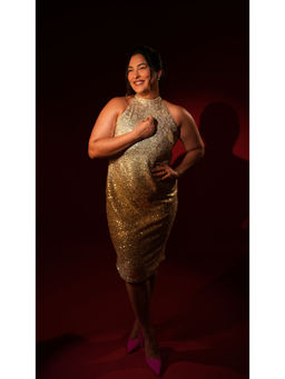 MONK & MEI - Multi-Colour Embellished/Sequined Swarovski Halter Neck Dress