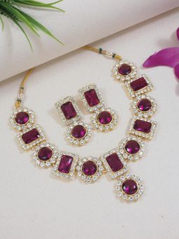 I Jewels - Lavender Gold Plated Traditional Stone Studded Jewellery Set