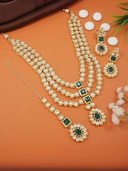 I Jewels - White and Green Gold Plated Traditional Kundan Jewellery Set