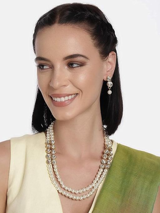 I Jewels Gold Plated Traditional White Stone Pearl Jewellery Set